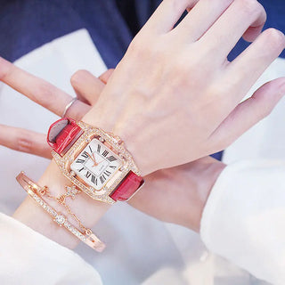 Women Diamond Watch Starry Square Dial Bracelet Watches Set Ladies Leather Band Quartz Wristwatch Female Clock Zegarek Damski ALODIA STORE