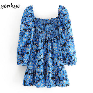 Vintage Blue Floral Print Dress Women Lantern Sleeve Square Neck A-line Dress Modern Female Holiday Summer Mini Chiffon Dress ALODIA STORE