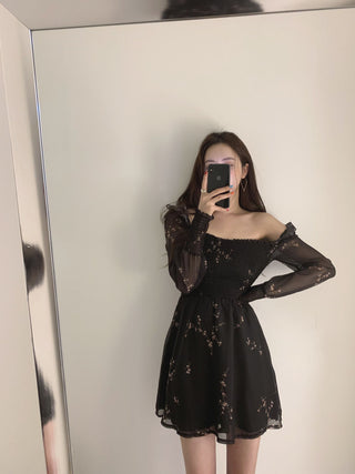 Sexy Black Dress Vintage Flower Long Puff Sleeve Chiffon Dresses ALODIA STORE