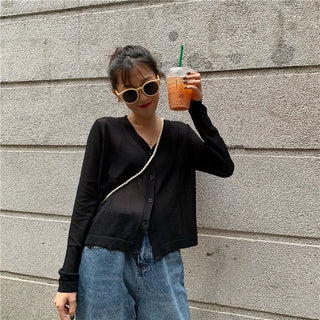 Cardigan Women Korean Long Sleeve Cardigan Summer Cropped Cardigan Knitted V-Neck Thin Ice Silk Sweaters Sunscreen Shirt Tops ALODIA STORE