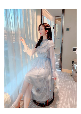 2022 Brand New Women Romantic Tulle Dress Stand Collar Beading Tassels Ruffles Long Sleeve Mesh Dress Cute Mid Dress Vestidos ALODIA STORE