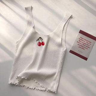 Cherries Embroidery Sleeveless Ropa Para Mujer Cropped Black Top Knitted Tank White Ribbed Camis Purple Croptop Womens Clothes ALODIA STORE