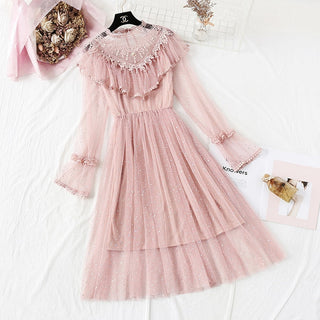 2022 Brand New Women Romantic Tulle Dress Stand Collar Beading Tassels Ruffles Long Sleeve Mesh Dress Cute Mid Dress Vestidos ALODIA STORE