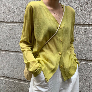 Cardigan Women Korean Long Sleeve Cardigan Summer Cropped Cardigan Knitted V-Neck Thin Ice Silk Sweaters Sunscreen Shirt Tops ALODIA STORE