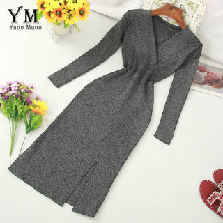 YuooMuoo Ins Fashion Shining V Neck Knitted Dress Women ALODIA STORE