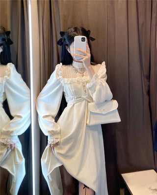 French Lace Vintage Dress Puffer Sleeve ALODIA STORE