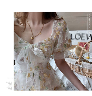 French Floral Dress Women Sexy Puff Sleeve Lace Chiffon Print Mini Dress Women Summer Korean Style Vintage Fairy Dress New 2023 ALODIA STORE