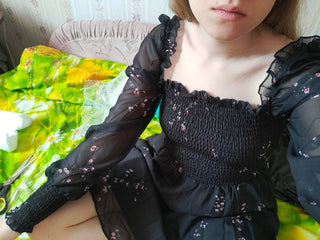 Sexy Black Dress Vintage Flower Long Puff Sleeve Chiffon Dresses ALODIA STORE