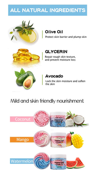 Handmade Whipped Bath Soap Clean Moisturizing Body Wash Soften Shave Cream Fruity Scent Foaming Shea Butter Rainbow Scrub 200g ALODIA STORE