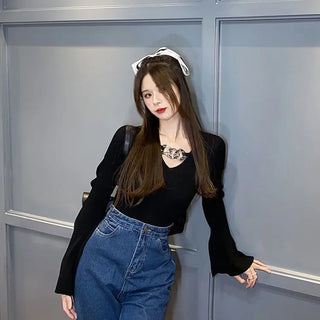 Women's Long Sleeve Black Croptop Knitted Sweater Sexy Party Slim Shirt Cropped Tops Korean Fashion Elegant Office Ladies ALODIA STORE