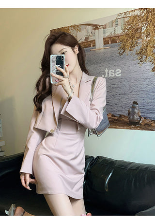Autumn Pink Two Piece Dress Set Women Blazer Coat+Strap Dress Set Female Casual Korean Fashion ALODIA STORE