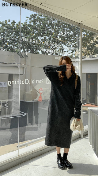 BGTEEVER Casual Thicken Warm Loose Sweater Dress Women Autumn Winter Lapel Full Sleeve Solid Long Knitted Dress Female vestidos ALODIA STORE