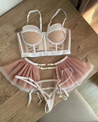 3Pcs Lace Bra and Thong Panty Set Sexy Lingerie Women Hollow Out See Through Slim Mesh Underwear Sling Summer Nightgowns ALODIA STORE
