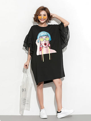 XITAO Splice Ribbon Cartoon Pattern Dress Women Puff Mesh Sleeve  Casual Party Black Dress Korean Style Summer DLL2106 ALODIA STORE