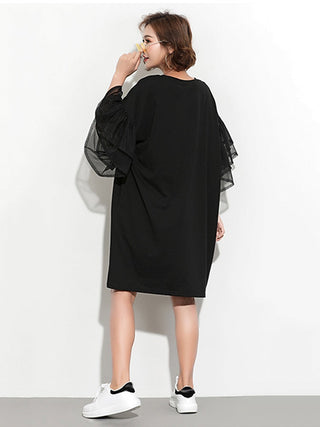 XITAO Splice Ribbon Cartoon Pattern Dress Women Puff Mesh Sleeve  Casual Party Black Dress Korean Style Summer DLL2106 ALODIA STORE