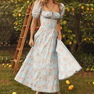 Sexy Black Dress Vintage Flower Long Puff Sleeve Chiffon Dresses ALODIA STORE