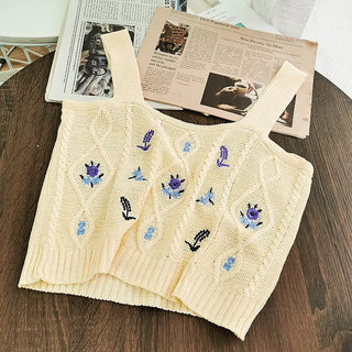 Flowers Embroidery Suspender Korean V-Neck Knitting Sweet Elastic Vintage Students Cute Summer Women Knot CropTops ALODIA STORE