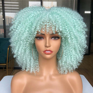 Short Afro Kinky Curly Wig With Bangs For Black Women Cosplay Lolita Natural Hair Ombre Mixed Brown Synthetic African Wigs ALODIA STORE