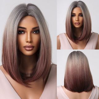 Ombre Brown Platinum Blonde Synthetic Wigs Short Straight Bob Wigs for Black Women Daily Natural Heat Resistant Hair Cosplay ALODIA STORE