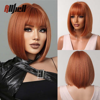 Ombre Brown Platinum Blonde Synthetic Wigs Short Straight Bob Wigs for Black Women Daily Natural Heat Resistant Hair Cosplay ALODIA STORE