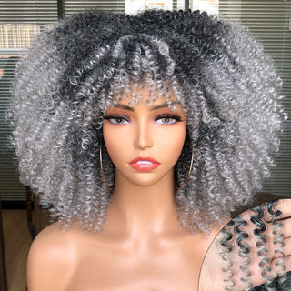 Short Afro Kinky Curly Wig With Bangs For Black Women Cosplay Lolita Natural Hair Ombre Mixed Brown Synthetic African Wigs ALODIA STORE