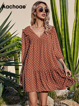 Aachoae Women Casual Loose Polka Dot Dress V Neck Pleated Chiffon Dress Lantern Half Sleeve Mini Beach Dress Summer Robe Femme ALODIA STORE
