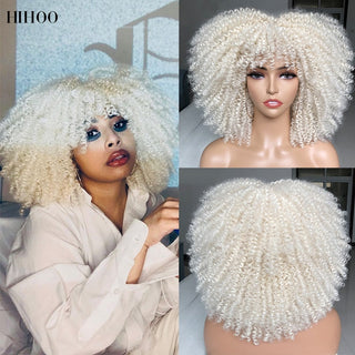 Short Afro Kinky Curly Wig With Bangs For Black Women Cosplay Lolita Natural Hair Ombre Mixed Brown Synthetic African Wigs ALODIA STORE