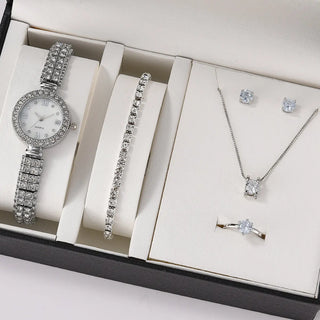 6PCS Set Luxury Watch Women Ring Necklace Earrings Rhinestone Fashion Wristwatch Female Casual Ladies Watches Bracelet Set Clock ALODIA STORE