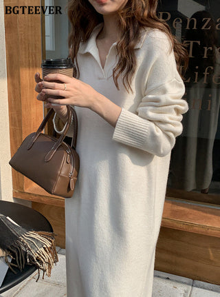 BGTEEVER Casual Thicken Warm Loose Sweater Dress Women Autumn Winter Lapel Full Sleeve Solid Long Knitted Dress Female vestidos ALODIA STORE