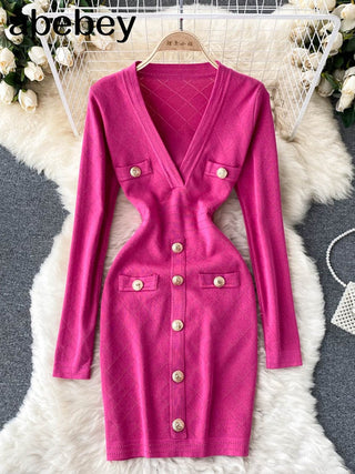 Women Knitted Pencil Dress Korean Long Sleeve V Neck Elastic Slim Dress ALODIA STORE