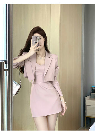 Autumn Pink Two Piece Dress Set Women Blazer Coat+Strap Dress Set Female Casual Korean Fashion ALODIA STORE