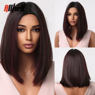 Ombre Brown Platinum Blonde Synthetic Wigs Short Straight Bob Wigs for Black Women Daily Natural Heat Resistant Hair Cosplay ALODIA STORE