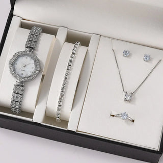 6PCS Set Luxury Watch Women Ring Necklace Earrings Rhinestone Fashion Wristwatch Female Casual Ladies Watches Bracelet Set Clock ALODIA STORE