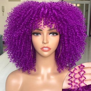 Short Afro Kinky Curly Wig With Bangs For Black Women Cosplay Lolita Natural Hair Ombre Mixed Brown Synthetic African Wigs ALODIA STORE