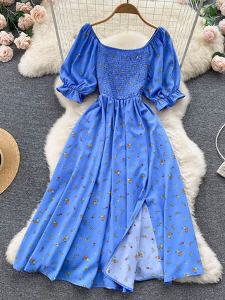 YuooMuoo Romantic Floral Print Split Long Summer Dress Puff Sleeve Party Korean style ALODIA STORE