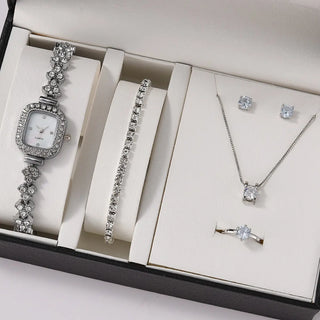 6PCS Set Luxury Watch Women Ring Necklace Earrings Rhinestone Fashion Wristwatch Female Casual Ladies Watches Bracelet Set Clock ALODIA STORE