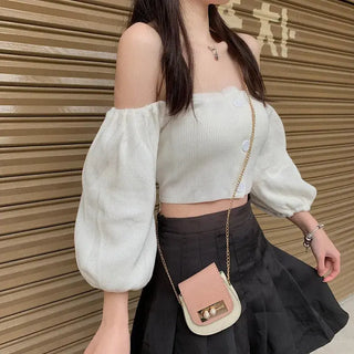 Off Shoulder Woman Tshirts French Puff Sleeve Short Croptop Korean Belly Button Exposed Sexy Shirt Summer Vintage Soild Y2k Tops ALODIA STORE