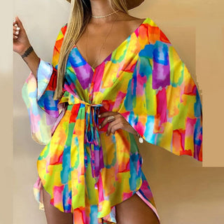 Casual Leaf Leopard Print Harajuku Batwing Sleeve Dress Lady Elegant Lace-Up Irregular Party Dress Sexy V-Neck Women Mini Dress ALODIA STORE