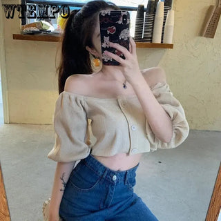 Off Shoulder Woman Tshirts French Puff Sleeve Short Croptop Korean Belly Button Exposed Sexy Shirt Summer Vintage Soild Y2k Tops ALODIA STORE