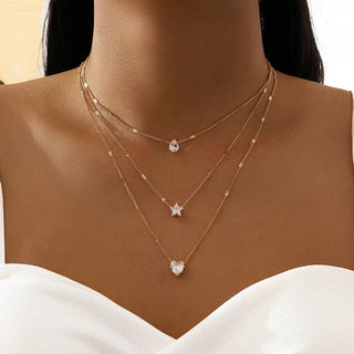 Crystal Zircon Heart Star Charm Layered Pendant Necklace Set for Women Charms Fashion Square Rhinestone Female Vintage Jewelry ALODIA STORE
