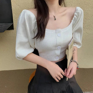 Off Shoulder Woman Tshirts French Puff Sleeve Short Croptop Korean Belly Button Exposed Sexy Shirt Summer Vintage Soild Y2k Tops ALODIA STORE