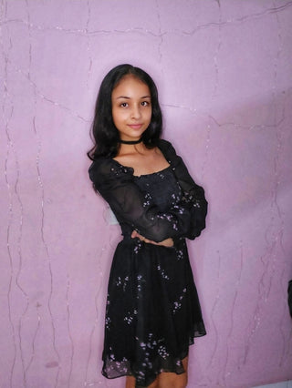 Sexy Black Dress Vintage Flower Long Puff Sleeve Chiffon Dresses ALODIA STORE