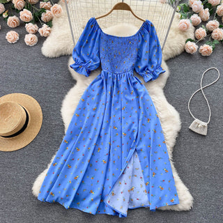 YuooMuoo Romantic Floral Print Split Long Summer Dress Puff Sleeve Party Korean style ALODIA STORE