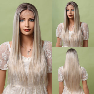 HENRY MARGU Long Straight Lace Front Synthetic Wigs Brown Blonde Platinum Wigs for White Women Middle Part Daily Heat Resistant ALODIA STORE