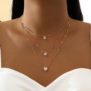 Crystal Zircon Heart Star Charm Layered Pendant Necklace Set for Women Charms Fashion Square Rhinestone Female Vintage Jewelry ALODIA STORE