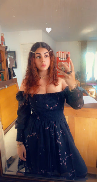 Sexy Black Dress Vintage Flower Long Puff Sleeve Chiffon Dresses ALODIA STORE
