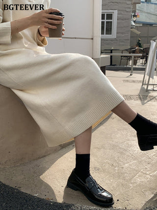 BGTEEVER Casual Thicken Warm Loose Sweater Dress Women Autumn Winter Lapel Full Sleeve Solid Long Knitted Dress Female vestidos ALODIA STORE