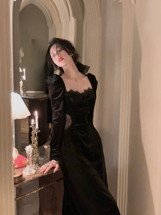 2022 Autumn Slim Black Velvet Dress Casual Korean Fashion ALODIA STORE