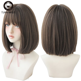 7JHH WIGS Short Bob Straight Ombre Blonde Wigs With Bang For Girl Black Female Synthetic Shoulder Length Crochet Hair Ginger Wig ALODIA STORE