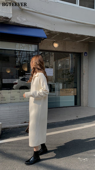BGTEEVER Casual Thicken Warm Loose Sweater Dress Women Autumn Winter Lapel Full Sleeve Solid Long Knitted Dress Female vestidos ALODIA STORE